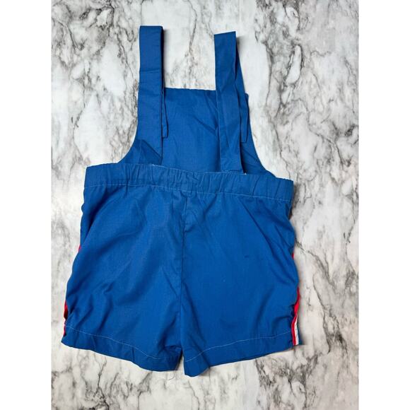Vintage Bryan Baby Boy Blue Overall Romper Red White Stripe USA made 12-18 Mo - Picture 2 of 6